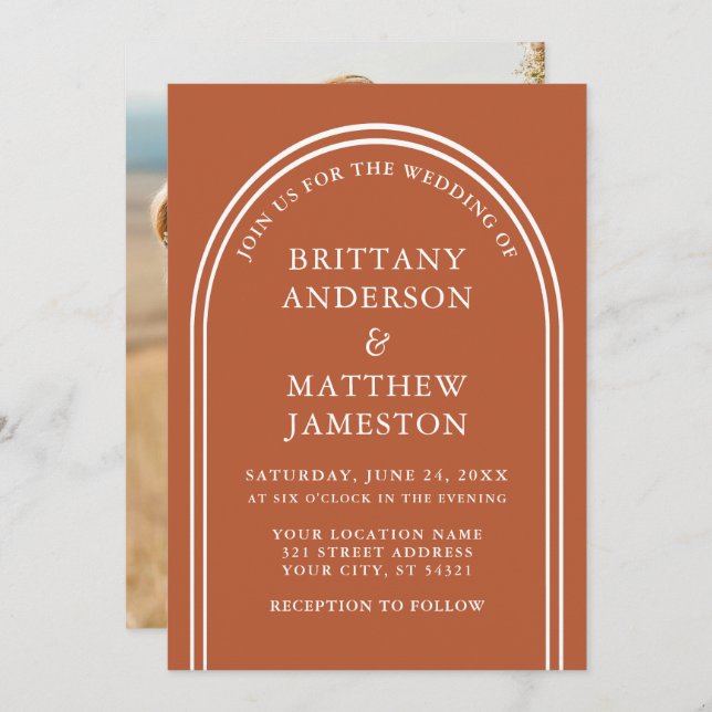 Modern Stylish Arch Wedding Burnt Orange Photo Invitation (Front/Back)