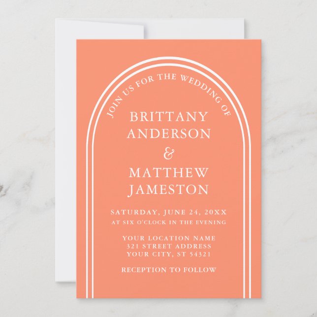 Modern Stylish Arch Wedding Coral Invitation (Front)