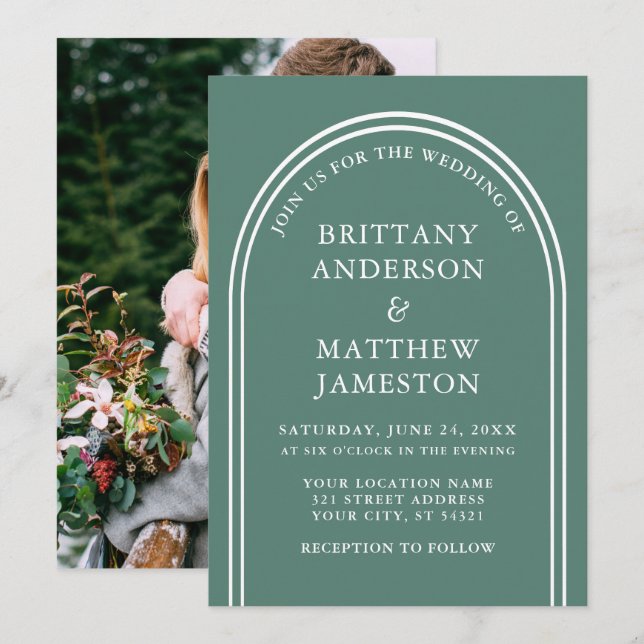 Modern Stylish Arch Wedding Eucalyptus Green Photo Invitation (Front/Back)