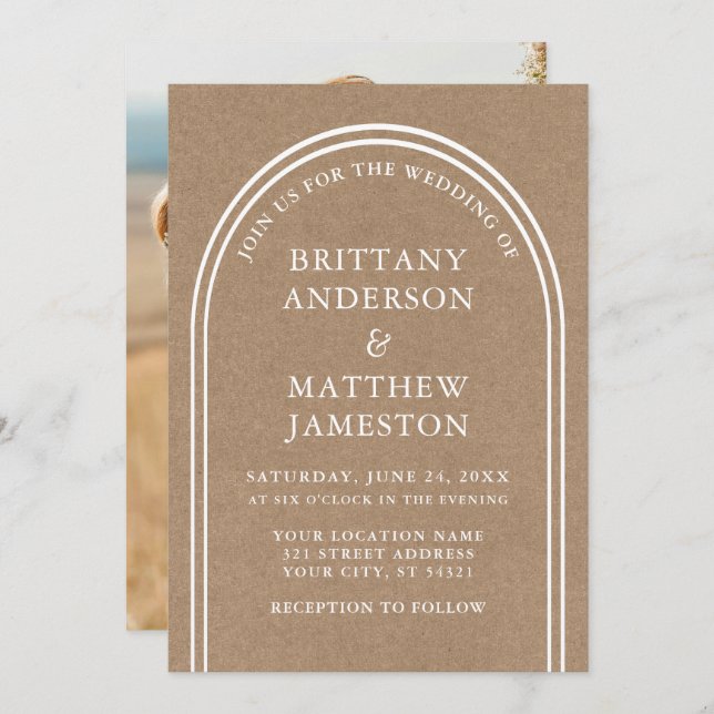 Modern Stylish Arch Wedding Kraft Photo Invitation (Front/Back)