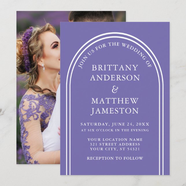 Modern Stylish Arch Wedding Periwinkle Photo Invitation (Front/Back)