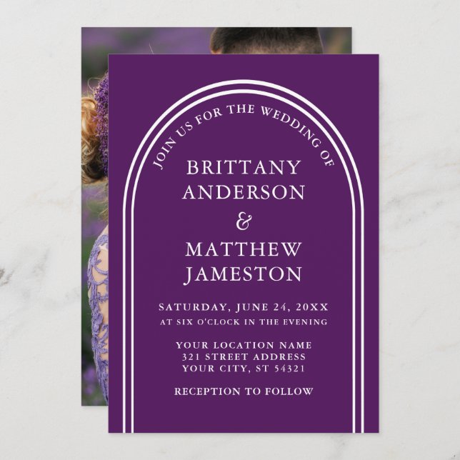 Modern Stylish Arch Wedding Purple Photo Invitation (Front/Back)