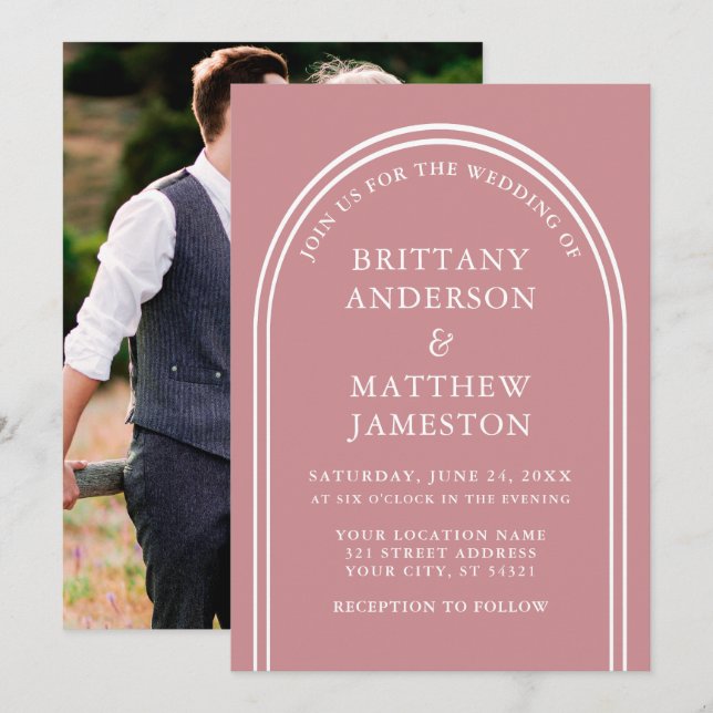 Modern Stylish Arch Wedding Rose Gold Photo Invitation (Front/Back)