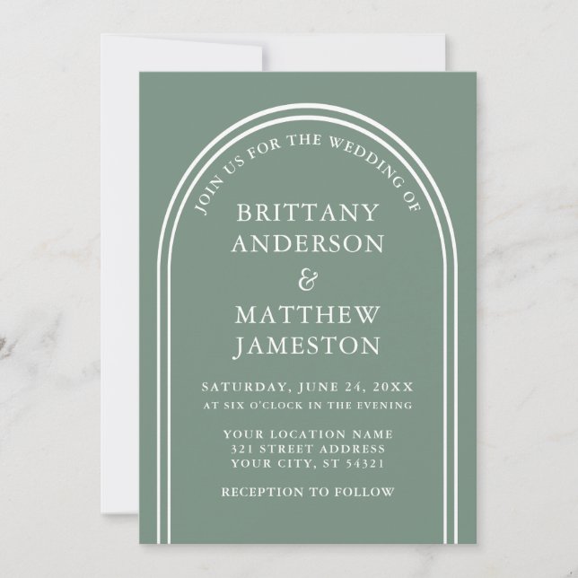 Modern Stylish Arch Wedding Sage Green Invitation (Front)