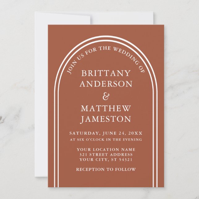 Modern Stylish Arch Wedding Terracotta Invitation (Front)