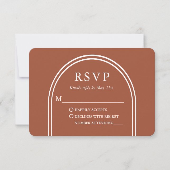 Modern Stylish Arch Wedding Terracotta RSVP Card (Front)