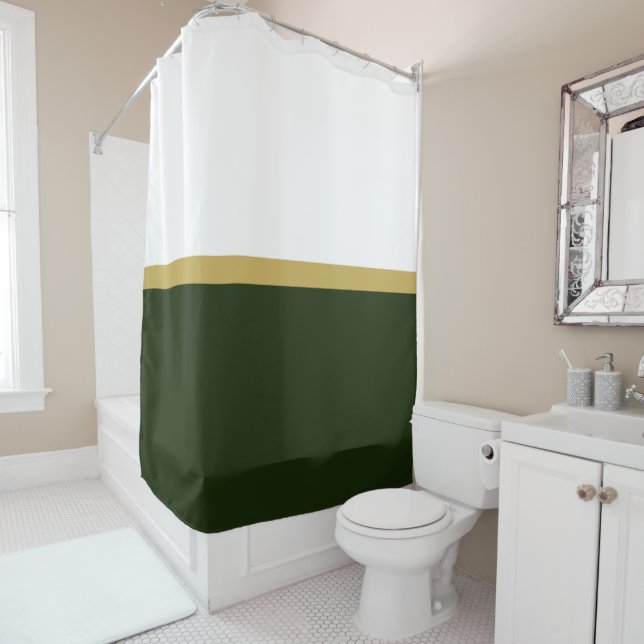 Modern Stylish Banded Dark Green White Colour Bloc Shower Curtain (In Situ)