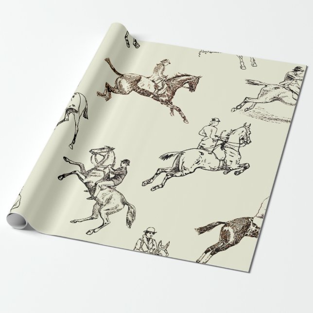 Modern Stylish Beige Horseback Riding Toile Wrapping Paper (Unrolled)