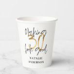 modern stylish black and gold 30th birthday party paper cups<br><div class="desc">Modern 30th birthday typography black and gold effect birthday party supplies. Modern script text stylish elegant design. Part of a collection.</div>