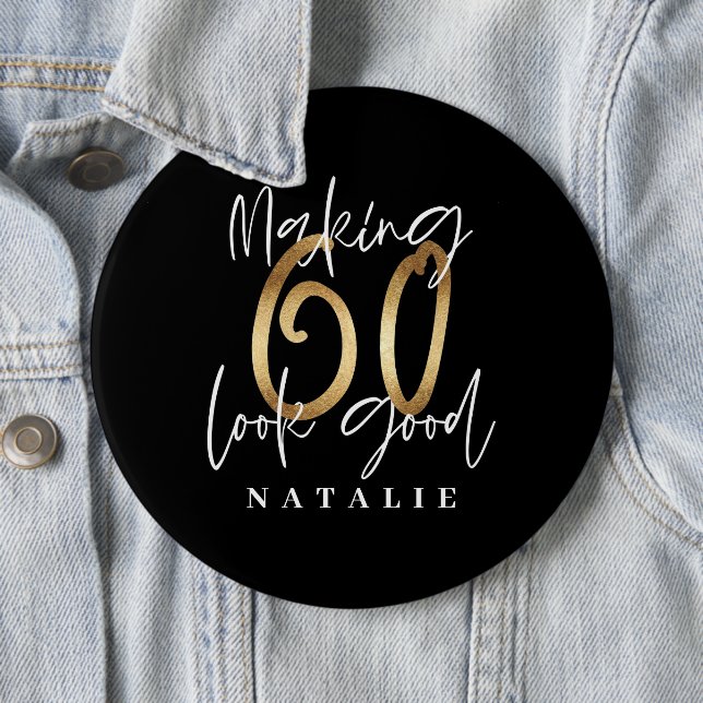 Modern stylish black and gold 60th birthday 6 cm round badge (In Situ)