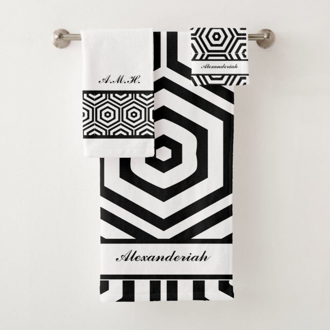 Modern stylish Black and white bathroom geometric Bath Towel Set (Insitu)