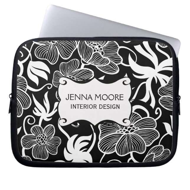 Modern Stylish Black and White Floral Pattern Laptop Sleeve (Front)
