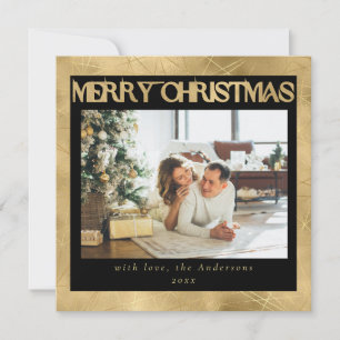 Modern Stylish Black & Faux Gold 1 Photo Christmas Holiday Card