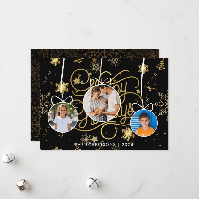 Modern Stylish Black Gold Christmas Family Photo Holiday Card (Front/Back In Situ)