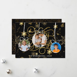Modern Stylish Black Gold Christmas Family Photo Holiday Card