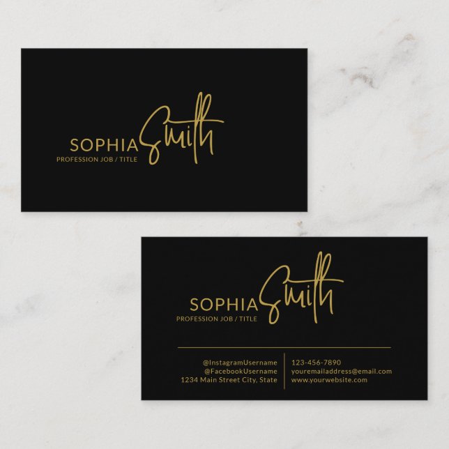Modern Stylish Black & Gold Handwritten Script Business Card (Front/Back)