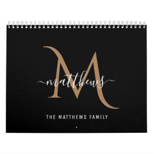 Modern Stylish Black Gold Photo Monogram Calendar