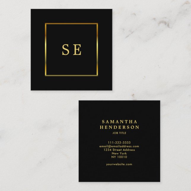 Modern stylish black gold professional monogram square business card (Front/Back)