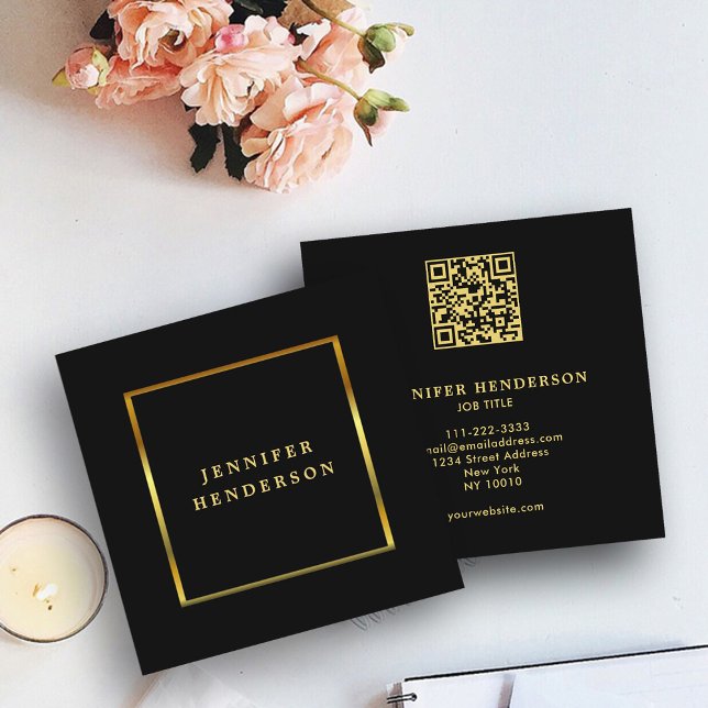 Modern stylish black gold QR code professional Square Business Card (Beautiful elegant stylish black gold QR code professional business card,)