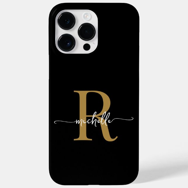 Modern Stylish Black Gold  Script Monogram Initial Case-Mate iPhone Case (Back)