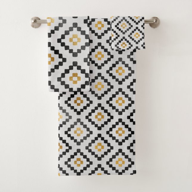Modern Stylish Black Grey Gold Geometric Design Bath Towel Set (Insitu)