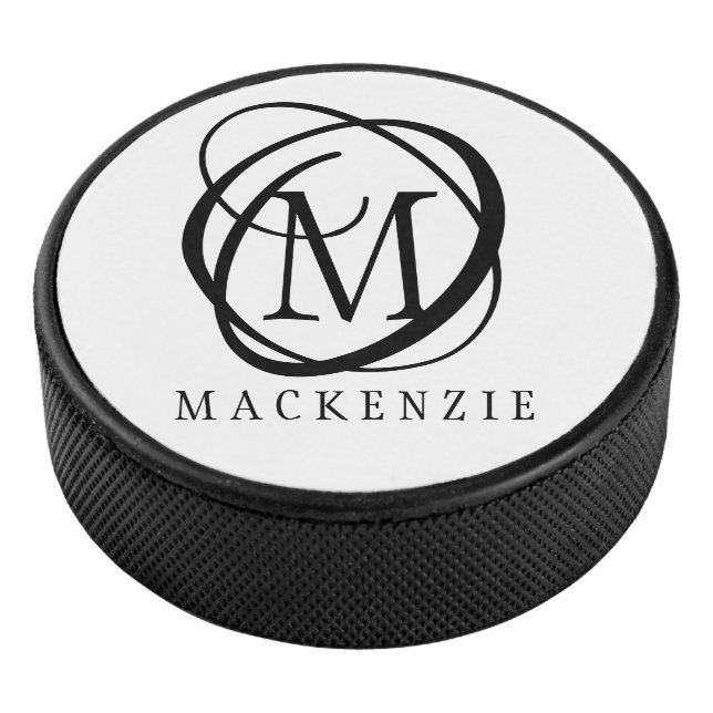 Modern Stylish Black Monogram Hockey Puck (3/4)