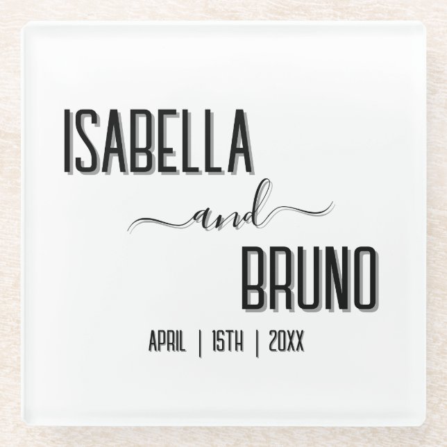 Modern, Stylish Black Personalised Text Wedding Glass Coaster (Front)