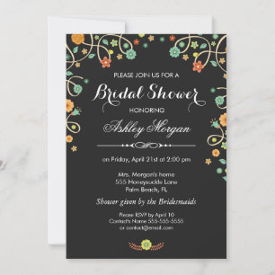 Modern Stylish Black Swirl Floral Bridal Shower Invitation