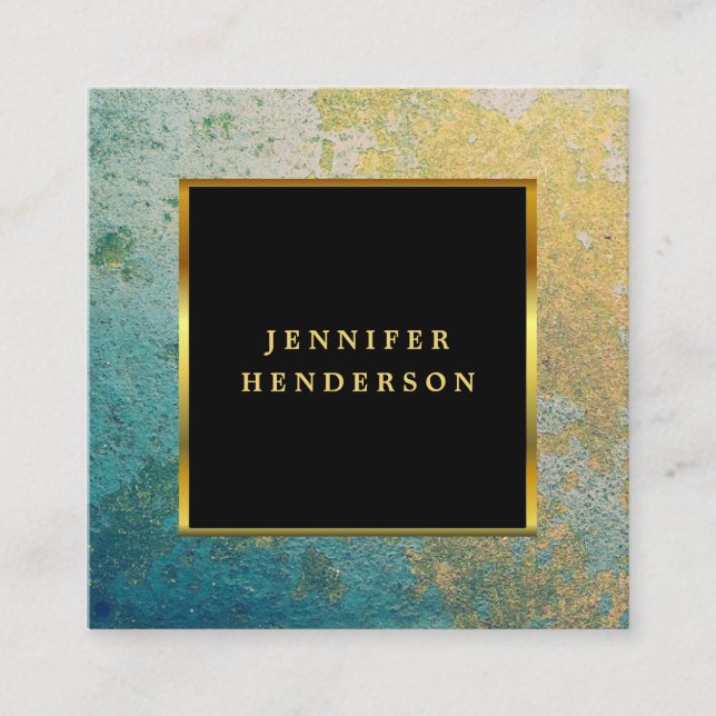 Modern stylish black turquiose gold professional square business card (Front)
