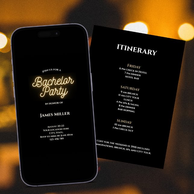 Modern Stylish Black White Gold Bachelor Itinerary Invitation (modern stylish bachelor party invitation weekend itinerary black gold neon sign script)