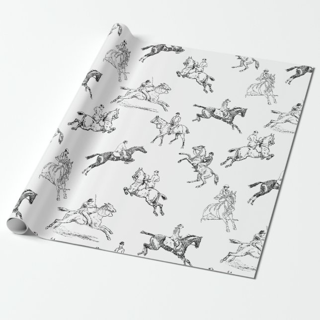 Modern Stylish Black White Horseback Riding Toile Wrapping Paper (Unrolled)
