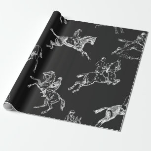Modern Stylish Black White Horseback Riding Toile Wrapping Paper