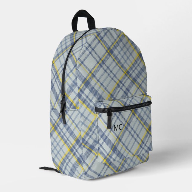Modern Stylish Blue Check Plaid Monogram Initials Printed Backpack (Back Corner Left)