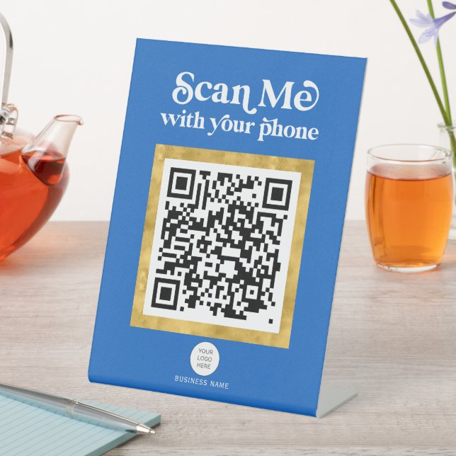 Modern stylish blue QR code business sign (In SItu)
