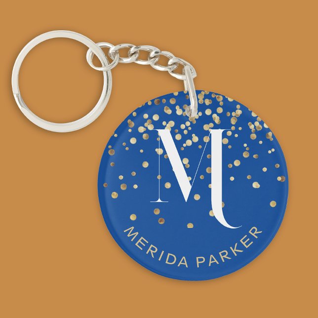 Modern Stylish Blue White Name Initial Monogram  Key Ring (Creator Uploaded)