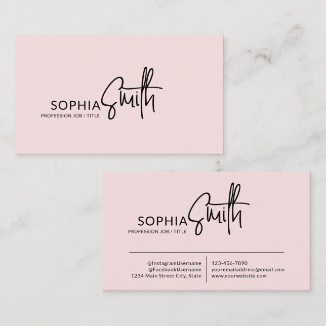 Modern Stylish Blush Pink Handwritten Script Business Card (Front/Back)