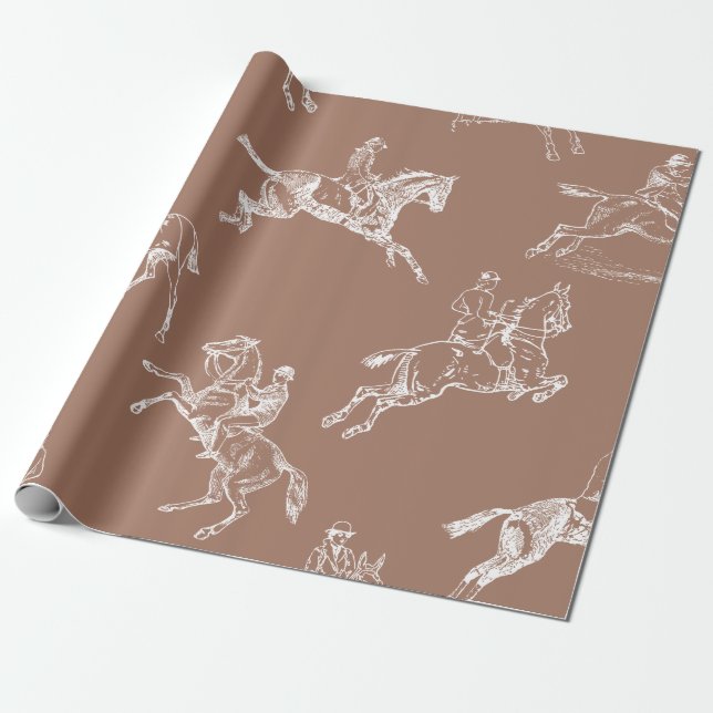 Modern Stylish Brown White Horseback Riding Toile Wrapping Paper (Unrolled)