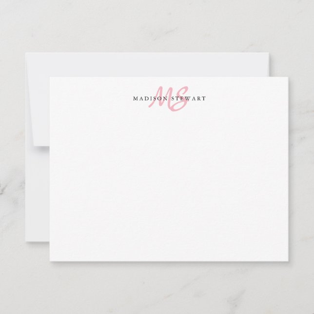 Modern Stylish Brush Script Blush Pink Monogram Card (Front)