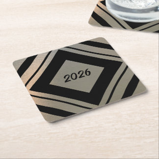 Modern Stylish Brushed Metal 2026 New Years Party Square Paper Coaster