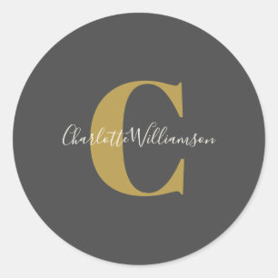 Modern Stylish Calligraphy Monogrammed Black Gold Classic Round Sticker