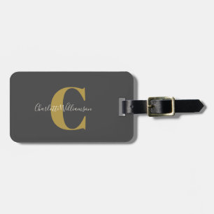 Modern Stylish Calligraphy Monogrammed Black Gold Luggage Tag