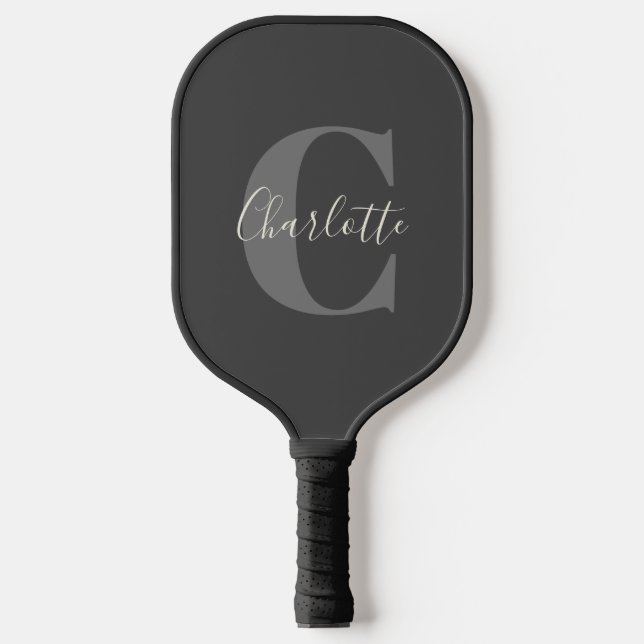 Modern Stylish Calligraphy Monogrammed Black Gray Pickleball Paddle (Front)