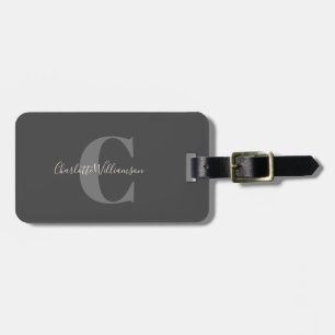 Modern Stylish Calligraphy Monogrammed Black Grey Luggage Tag