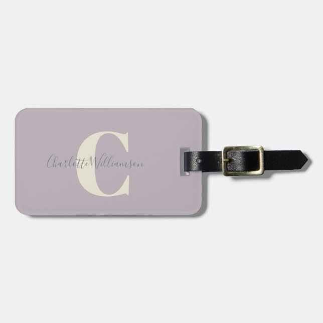 Modern Stylish Calligraphy Monogrammed Dusty Lilac Luggage Tag (Front Horizontal)