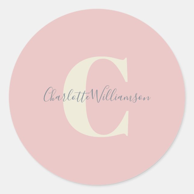 Modern Stylish Calligraphy Monogrammed Name Pink Classic Round Sticker (Front)