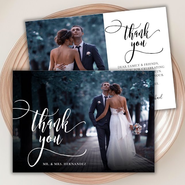 Modern Stylish Calligraphy Script 2 Photo Wedding  Thank You Card (Creator Uploaded)