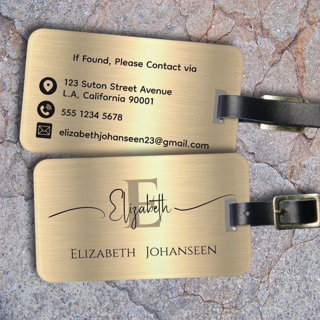 Modern Stylish Chic Gold Brushed Metal Monogrammed Luggage Tag (Creator Uploaded)