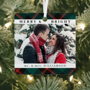 Modern Stylish Christmas Mr and mrs Couple Photo Metal Tree Decoration