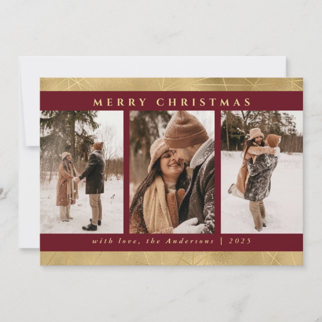 Modern Stylish Christmas Red & Faux Gold Photo Holiday Card (Front)