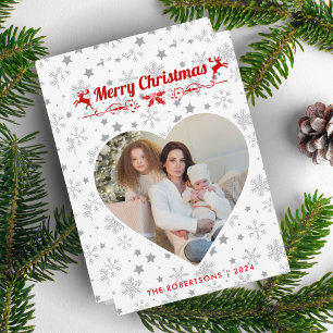 Modern Stylish Christmas Script Family Heart Photo Holiday Card